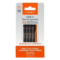 Cygnett USB Rechargeable Battery Size AA Pack Of 4 
