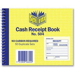 Spirax 504 Cash Receipt Book Carbonless 102x127mm 50 Duplicate Sets Side Opening