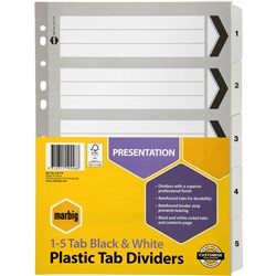 Marbig Plastic Indices & Dividers A4 Reinforced 1-5 Tab Black & White