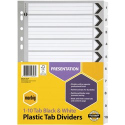 Marbig Plastic Indices & Dividers A4 Reinforced 1-10 Tab Black & White