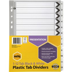Marbig Plastic Indices & Dividers A4 Reinforced 1-12 Tab Black & White