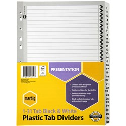 Marbig Plastic Indices & Dividers A4 Reinforced 1-31 Tab Black & White
