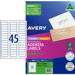 Avery Premium Address Labels White Laser Inkjet AveryEco L7156 58x17.8mm 45UP 4500 Lab