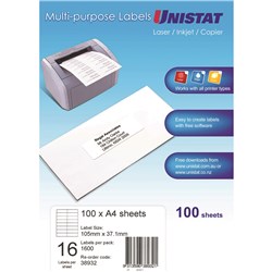 Unistat Laser Copier & Inkjet Labels 105x37mm 16UP 1600 Labels 100 Sheets