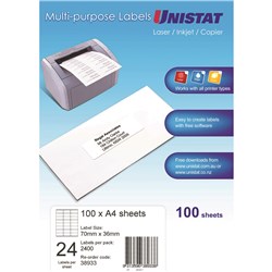 Unistat Laser Copier & Inkjet Labels 70x36mm 24UP 2400 Labels 100 Sheets