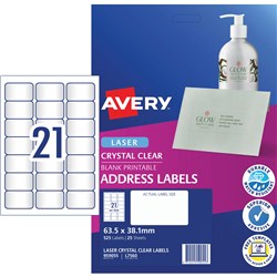 Avery Crystal Clear Laser Address Labels White L7560 63.5x38.1mm 21UP 525 Labels