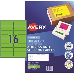 Avery High Visibility Shipping Laser Label L7162FG 199.1x34mm Fluoro Green Pack of 25 (400)