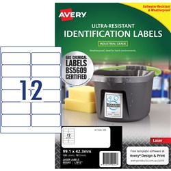 Avery Ultra-Resistant Chemical Grade Laser Labels L7913 99.1x 42.3mm White Pack of 10 (120)